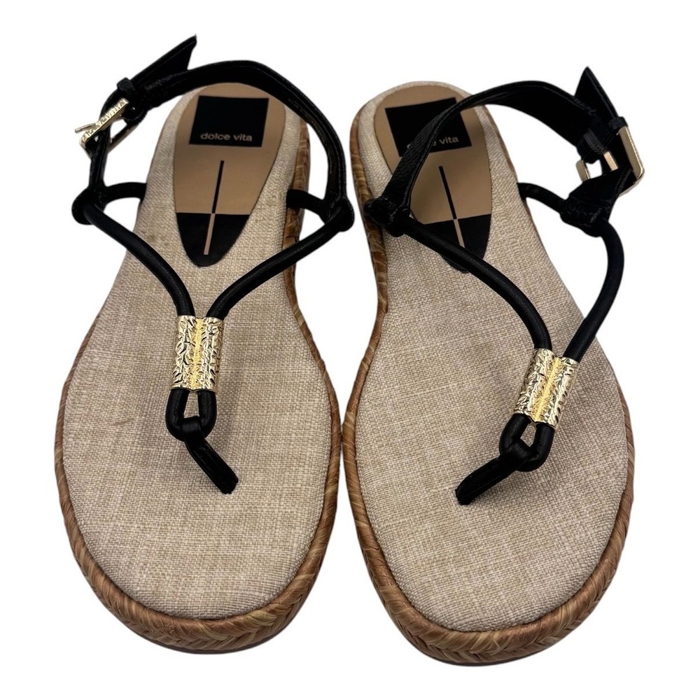 New Dolce Vita BlackScrappyThong Sandals Gold Metal Detail Woven Sole Womens 6.5